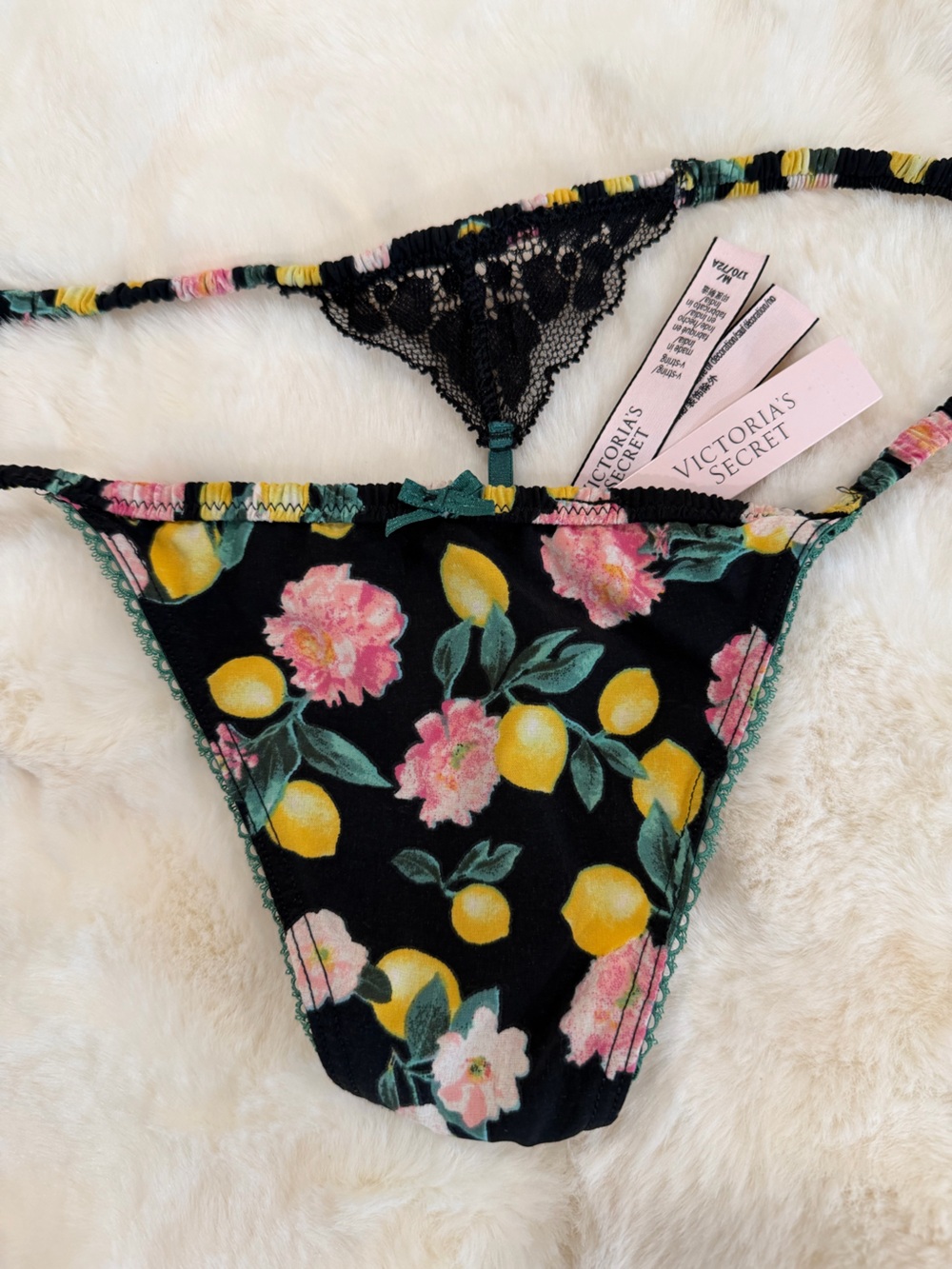 Victoria's Secret Black Lemon & Pink Floral Lace Thong